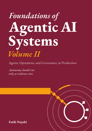 Cover of Foundations of Agentic AI Systems, Volume II: Agents, Operations, and Governance, in Production, by Fatih Nayebi, on a wine-red ground